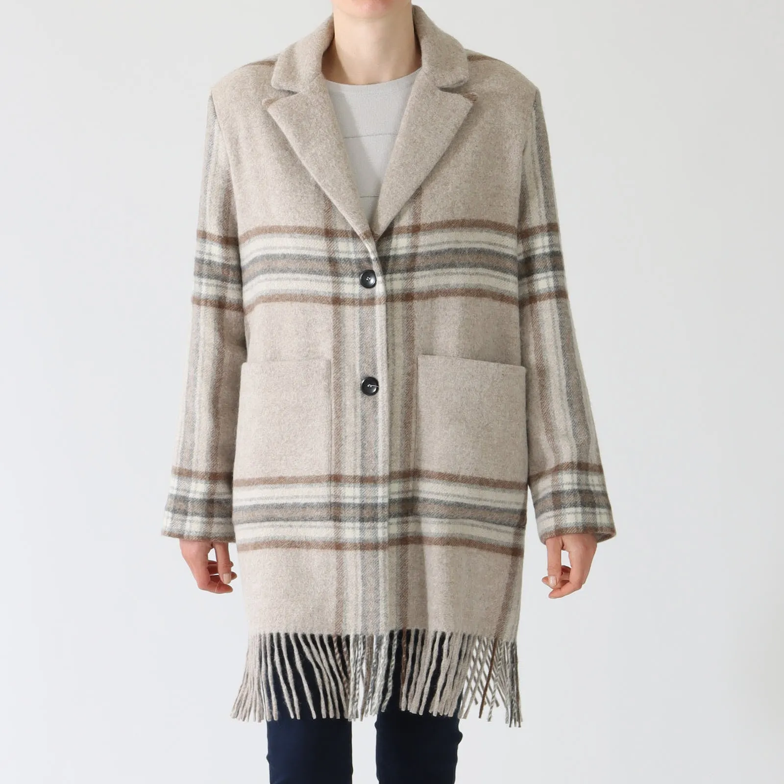 Brown, Beige & Grey Check Wool Coat