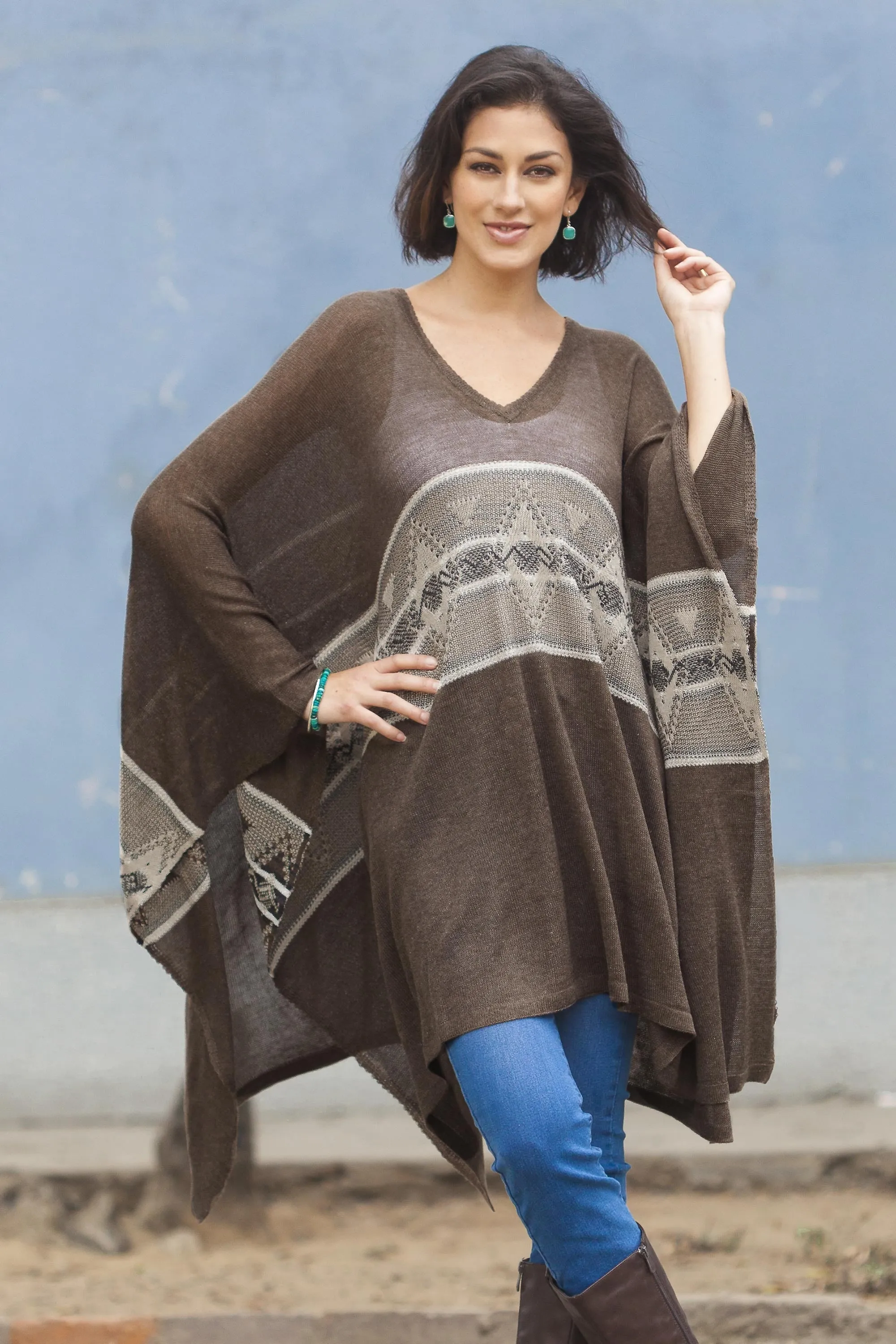 Brown Inca Woven Dark Brown Poncho with Stripe from Peru