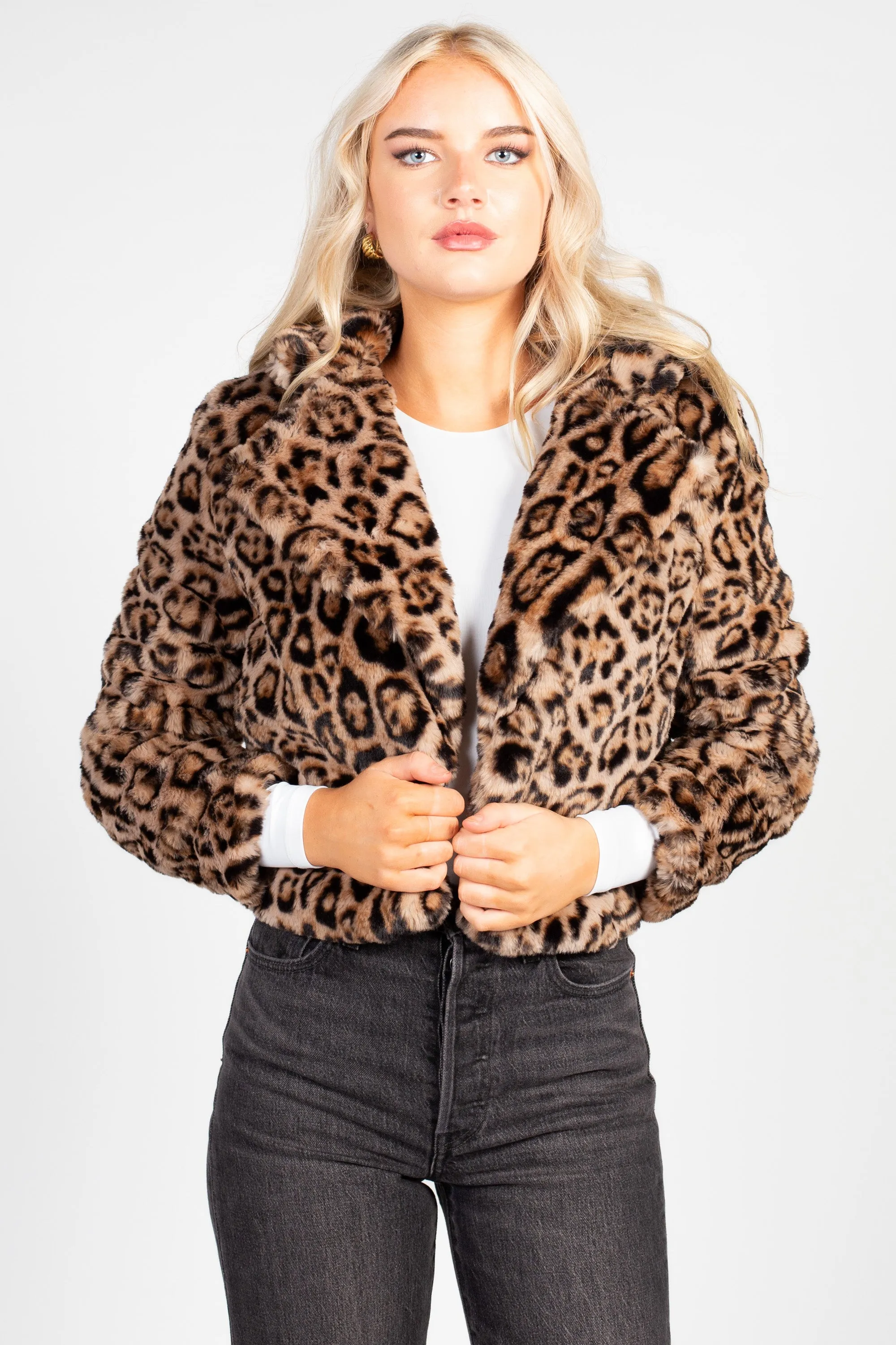 Caine Leopard Print Fur Cropped Jacket