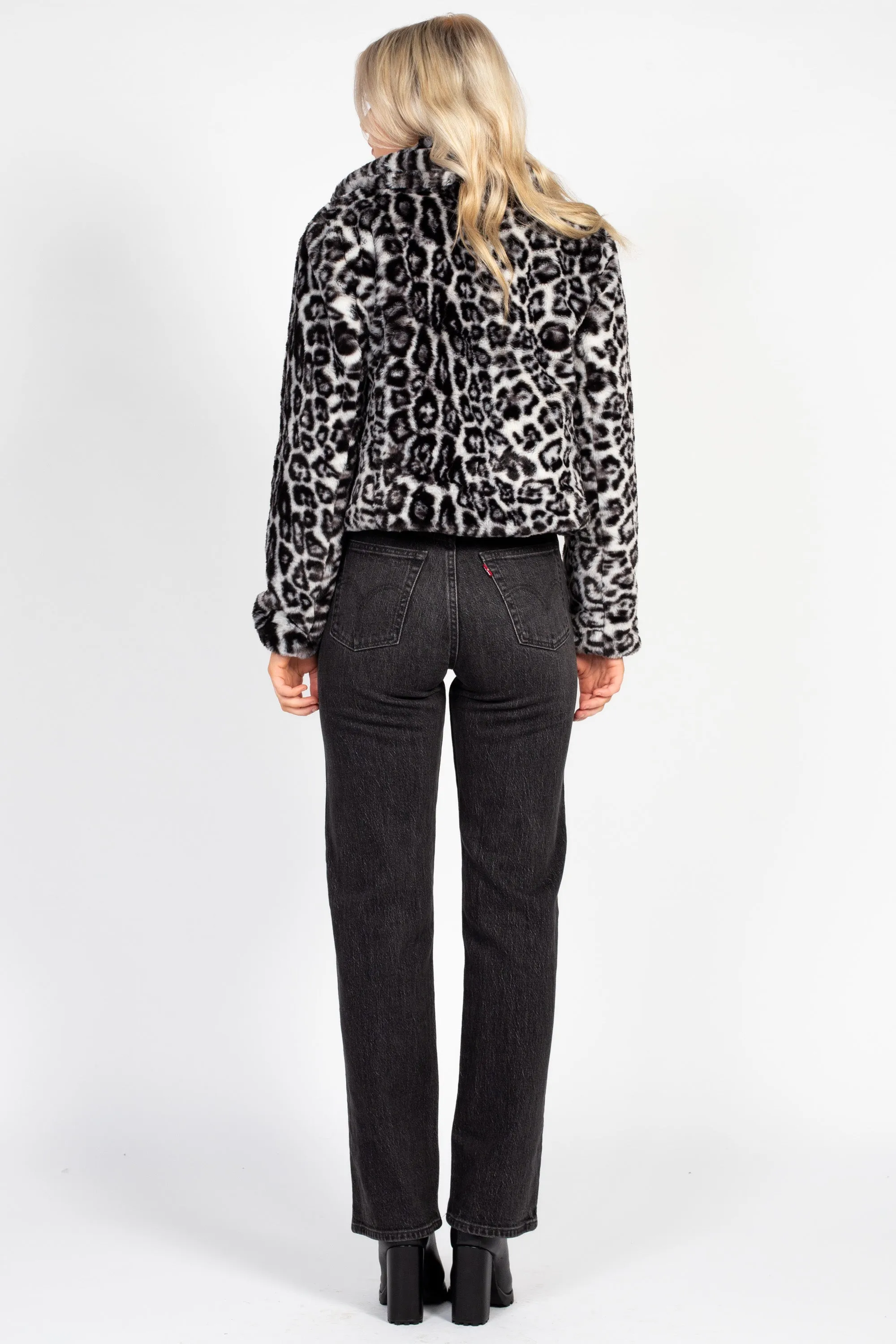 Caine Leopard Print Fur Cropped Jacket