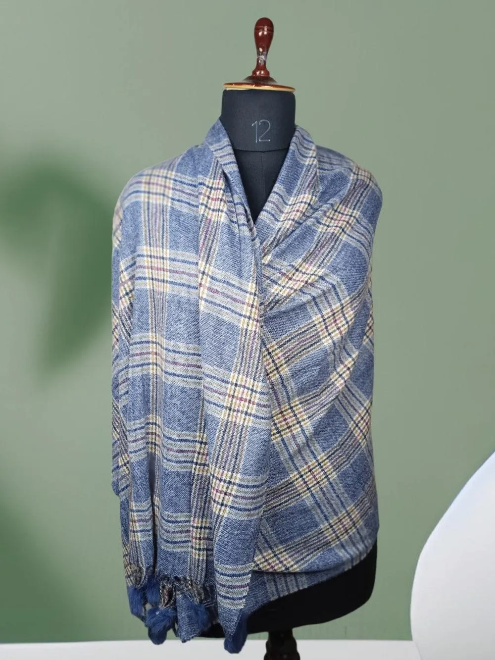 Cashmere Woolen Stole  | Reversible Stole | Check Design With Fur Balls