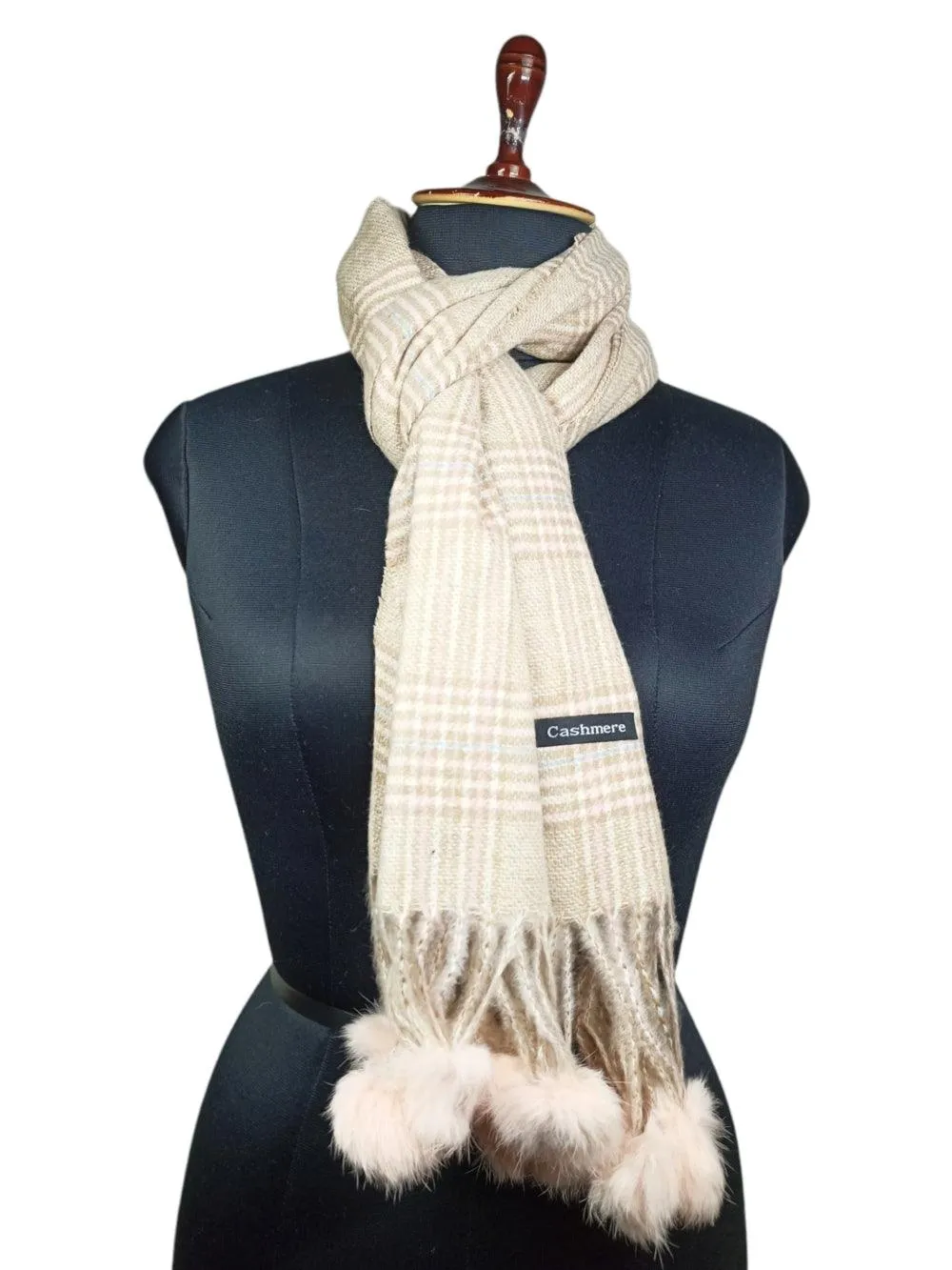 Cashmere Woolen Stole  | Reversible Stole | Check Design With Fur Balls