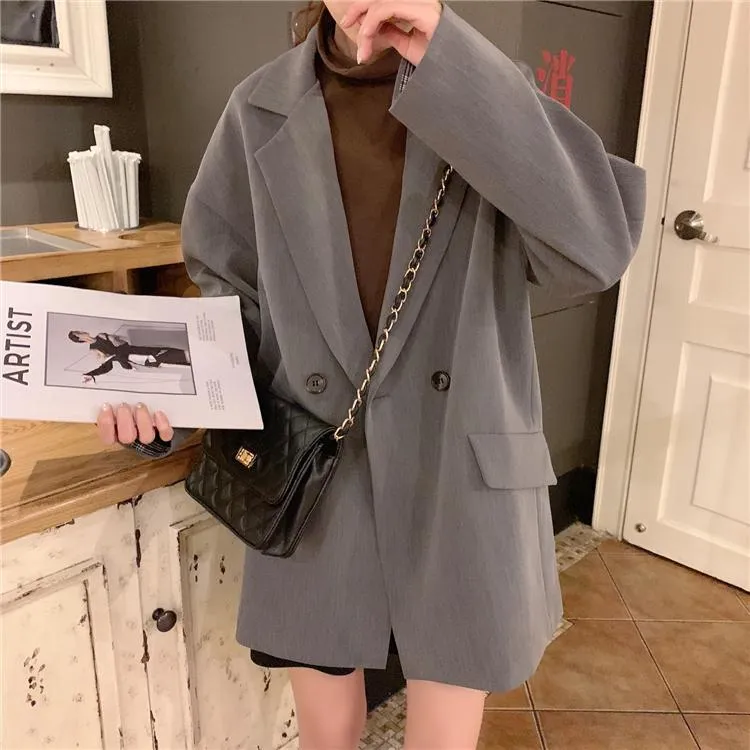 Casual Black Gray Loose Blazer Suit Jacket