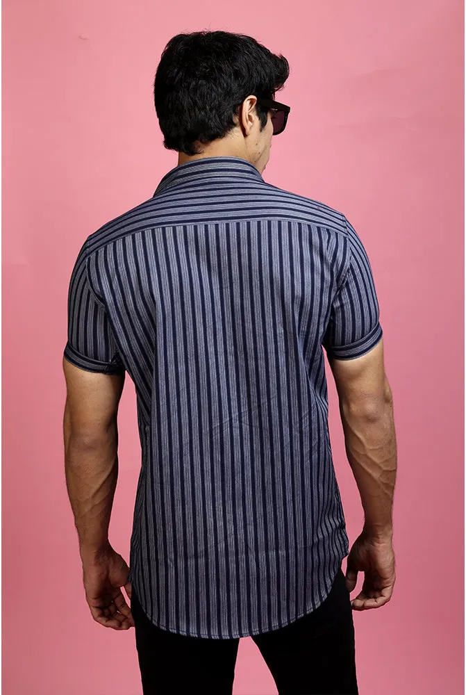 Casual Half Sleeve Shirts - Men Casual Blue Lining Shirt