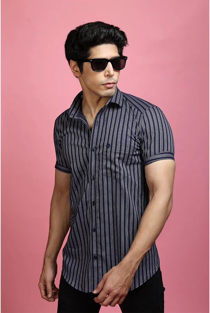 Casual Half Sleeve Shirts - Men Casual Blue Lining Shirt