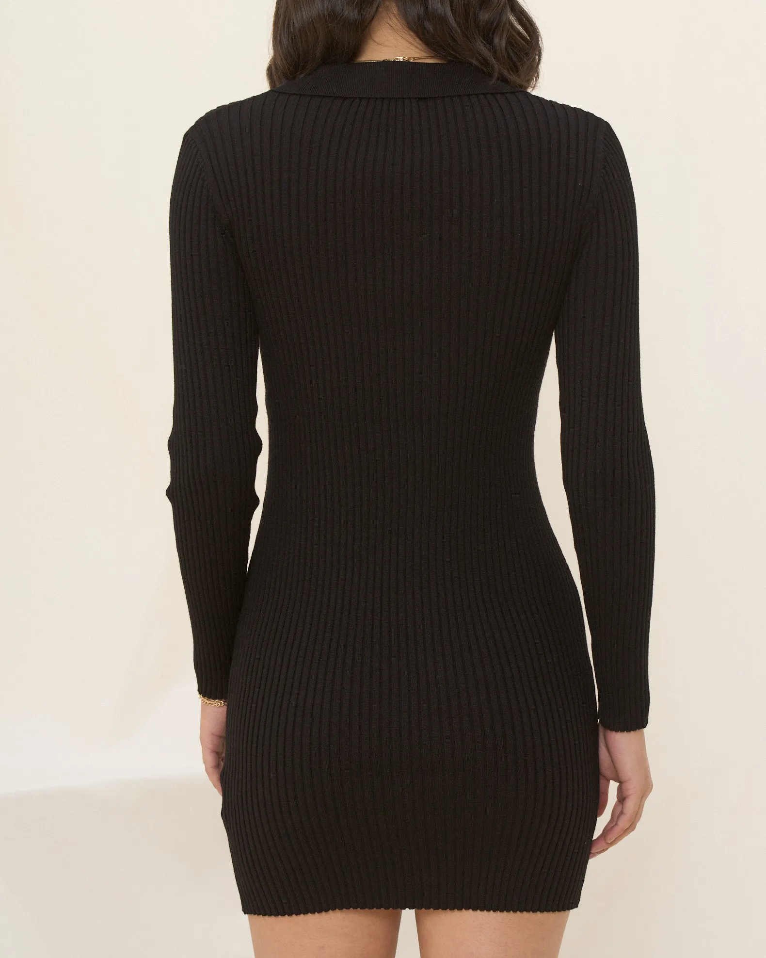 Cece Black Long Sleeve Collared Knit Mini Dress