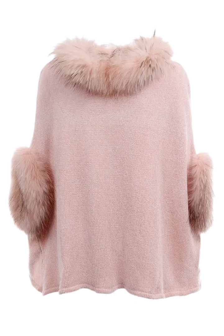 Chenille Poncho with Fur Trim