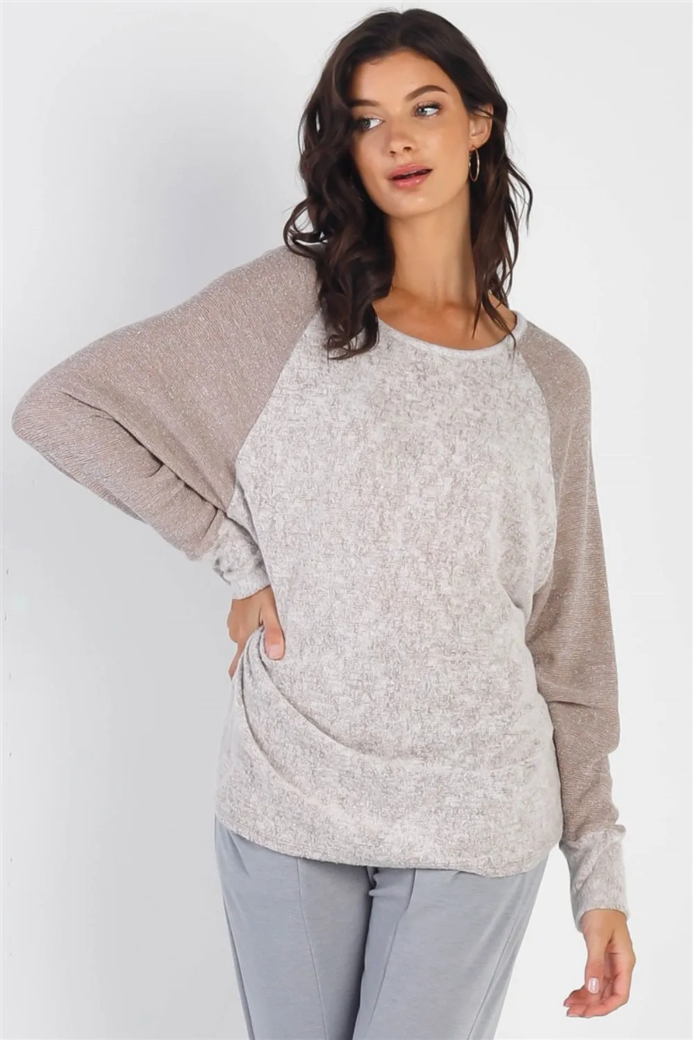 Cherish Apparel Round Neck Long Sleeve Contrast Top