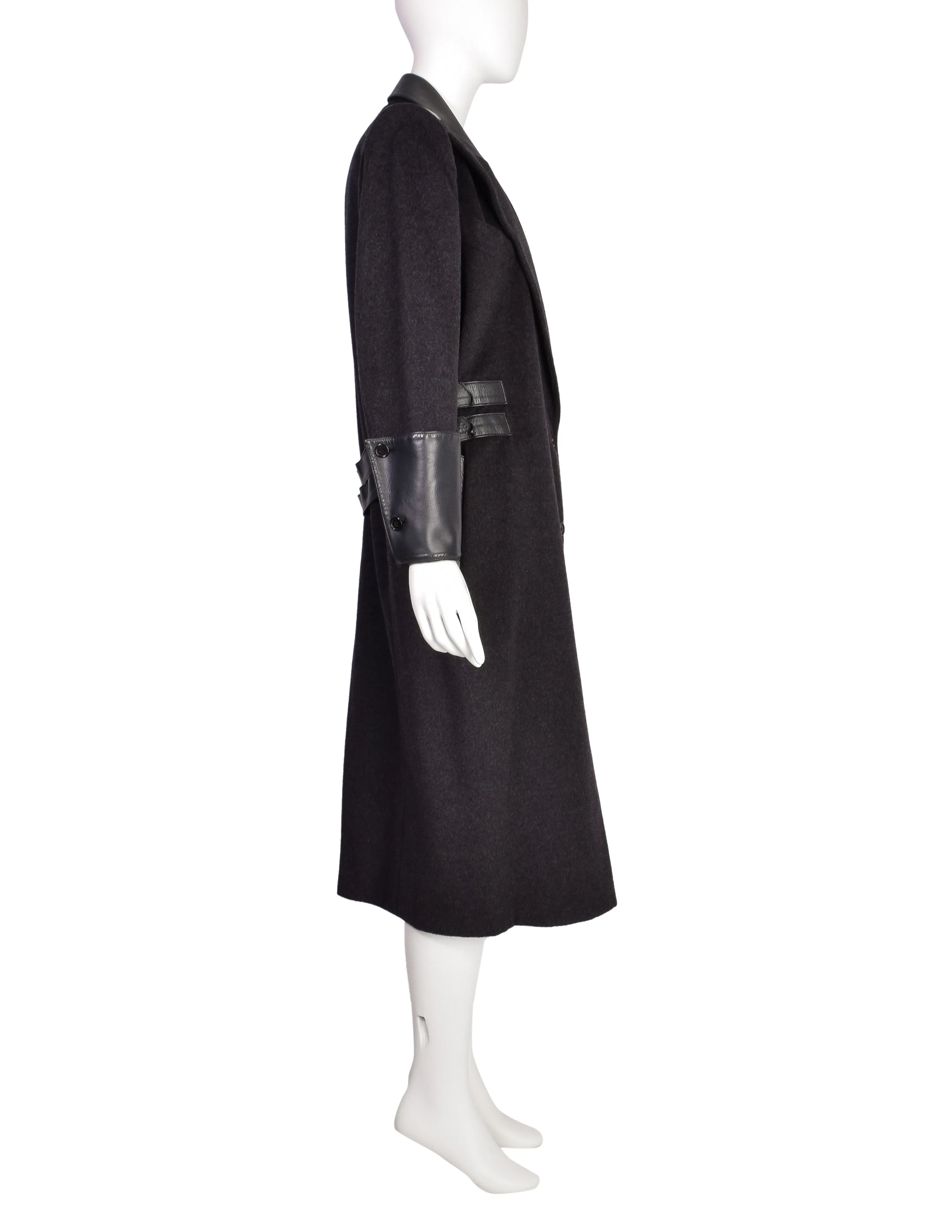 Claude Montana Vintage Dark Grey Wool Leather Buckle Coat