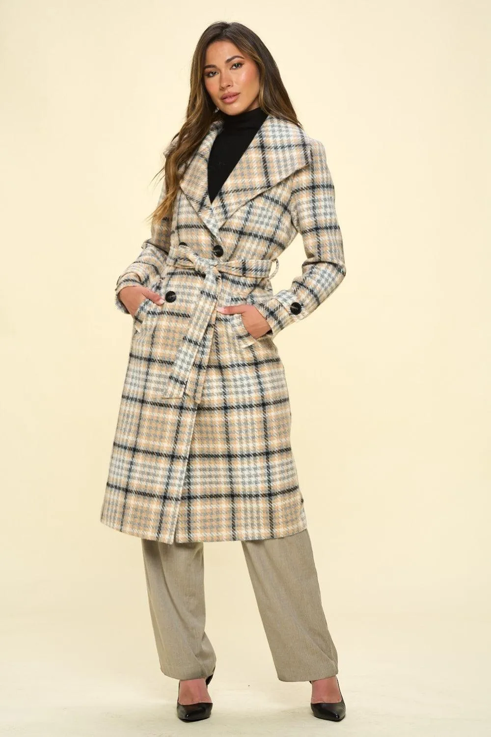 Coalition LA Coat Vegan Wool Double-Breasted Plaid with Belt