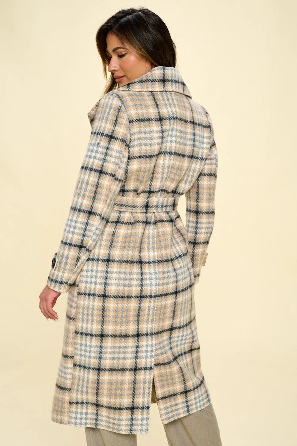 Coalition LA Coat Vegan Wool Double-Breasted Plaid with Belt