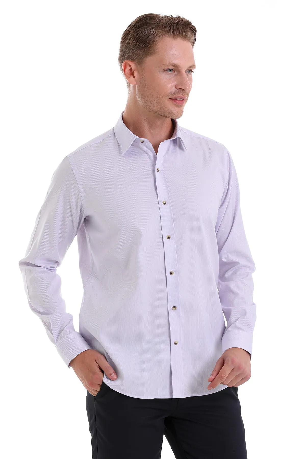 Comfort Fit Long Sleeve Cotton Lilac Casual Shirt