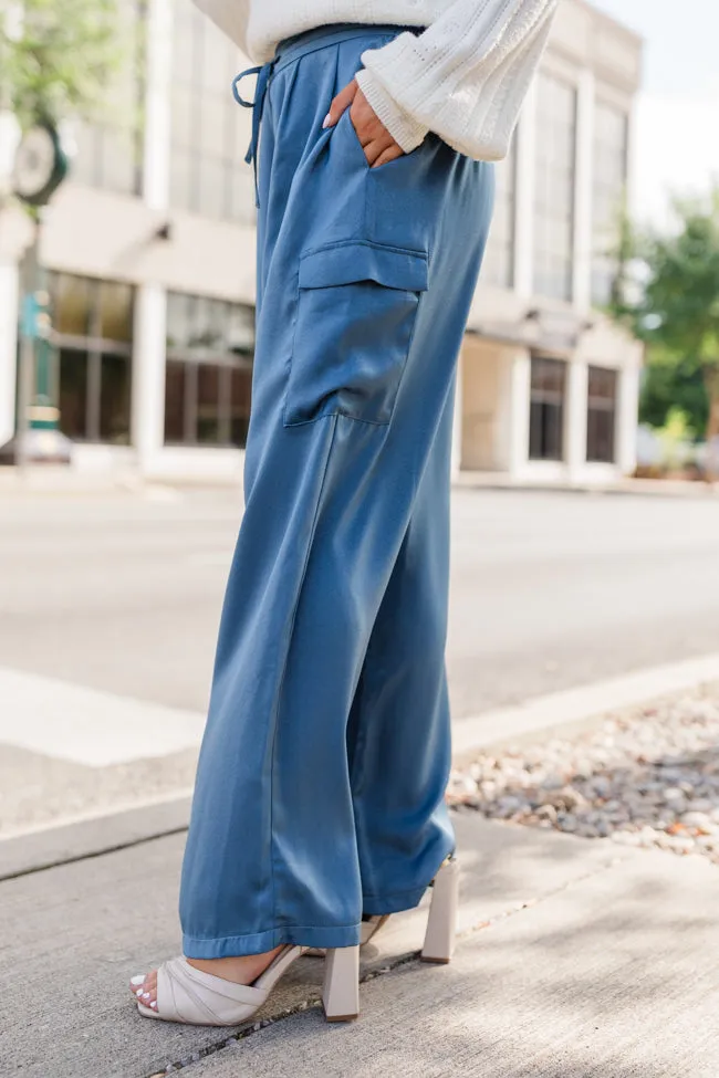 Cool Touch Blue Satin Cargo Pull On Pants