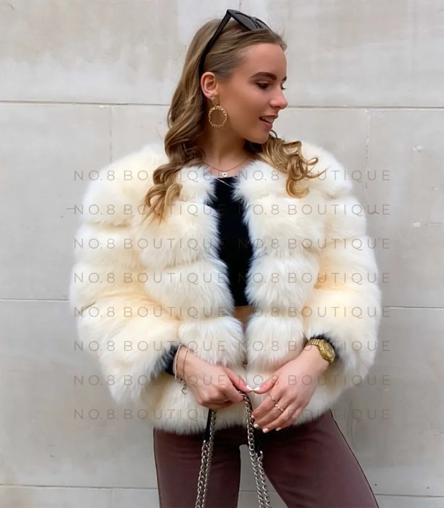 Cream Faux Fur Jacket With 5 Rows