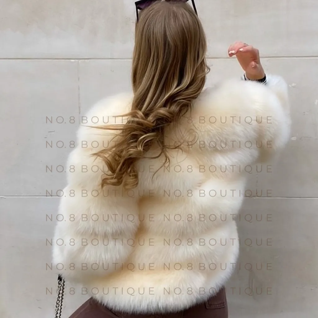 Cream Faux Fur Jacket With 5 Rows