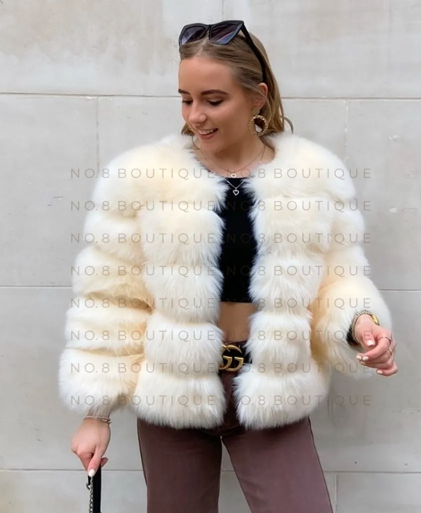 Cream Faux Fur Jacket With 5 Rows