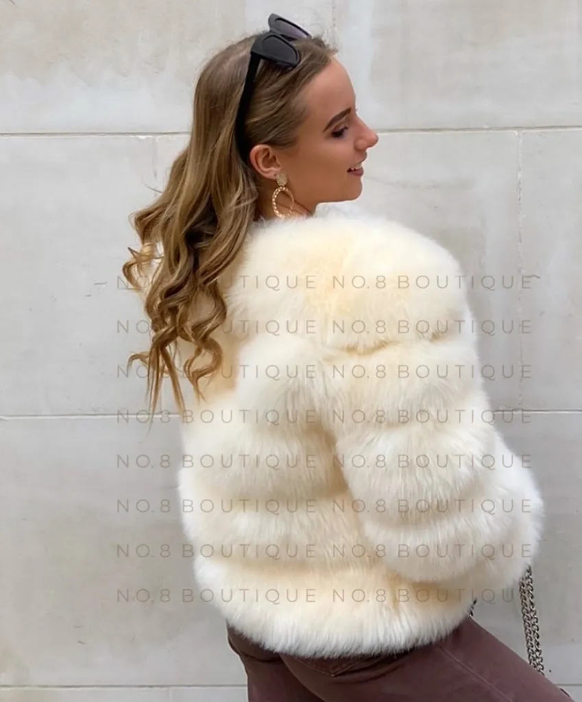 Cream Faux Fur Jacket With 5 Rows