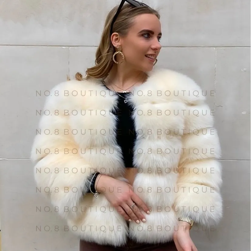 Cream Faux Fur Jacket With 5 Rows