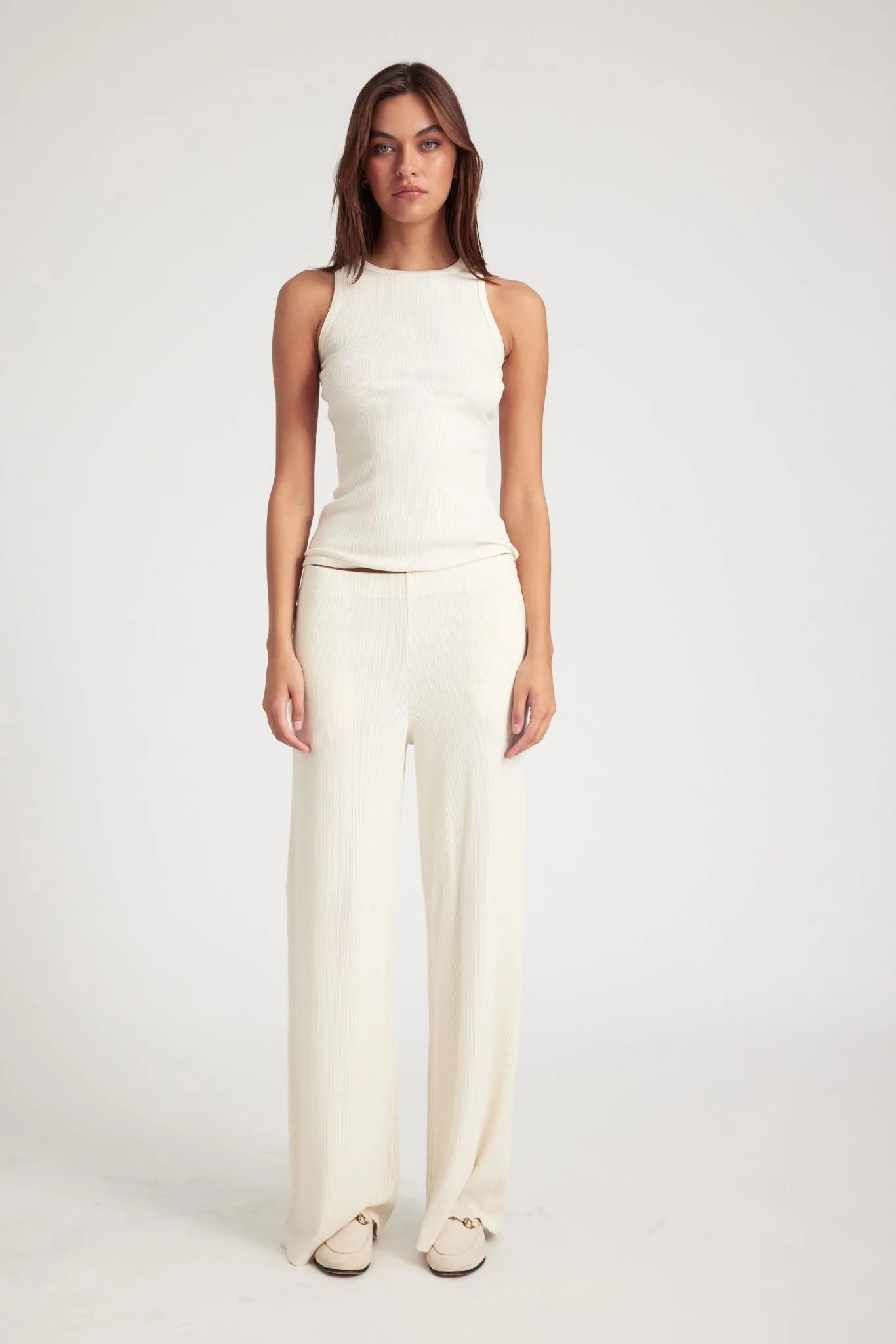 Creme Rib Wide Leg Pants