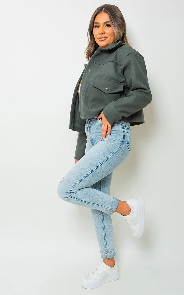 Cropped Long Sleeve Collared Jacket with Pockets