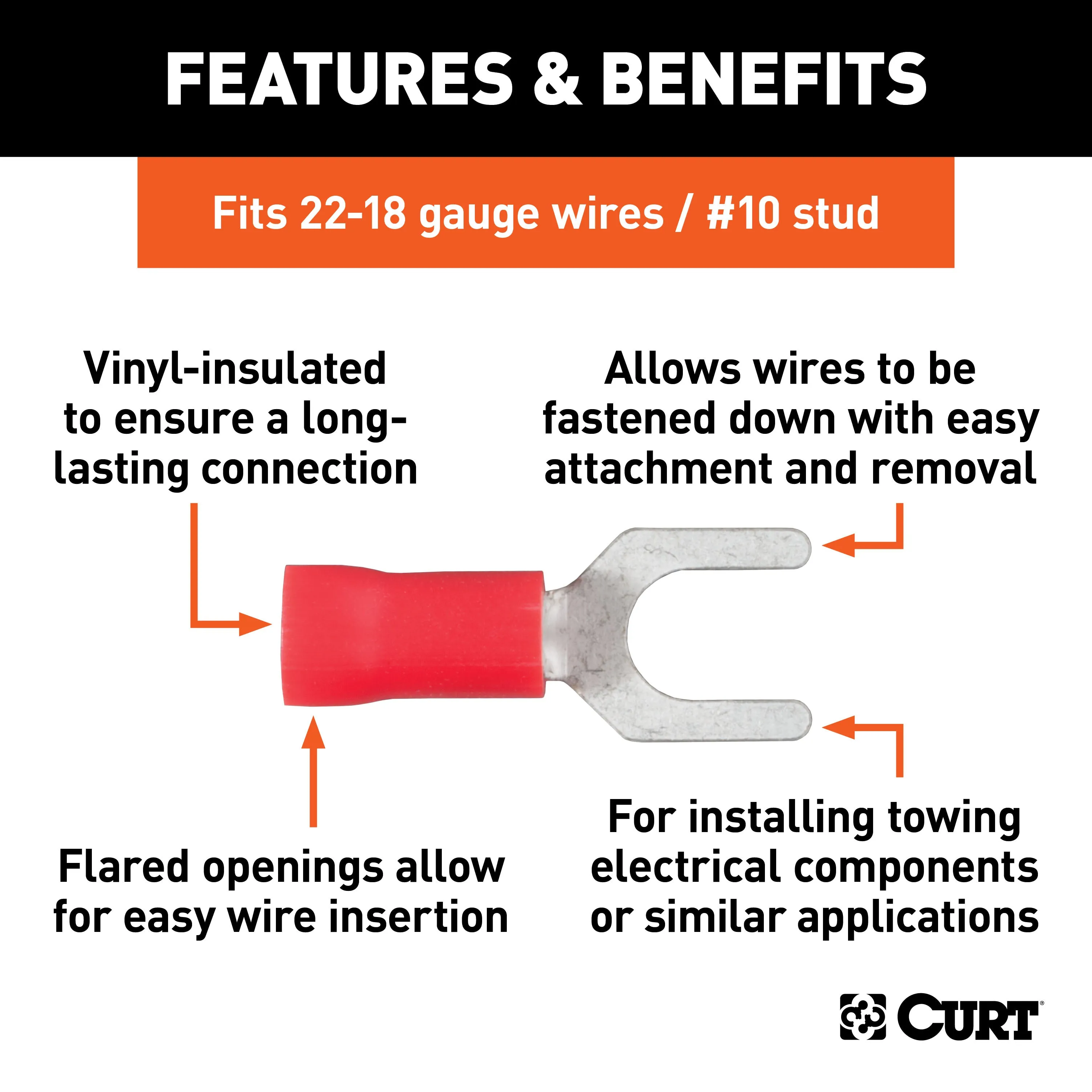 CURT 59611 Spade Terminals (22-18 Wire Gauge; #10 Stud Size; 100-Pack)