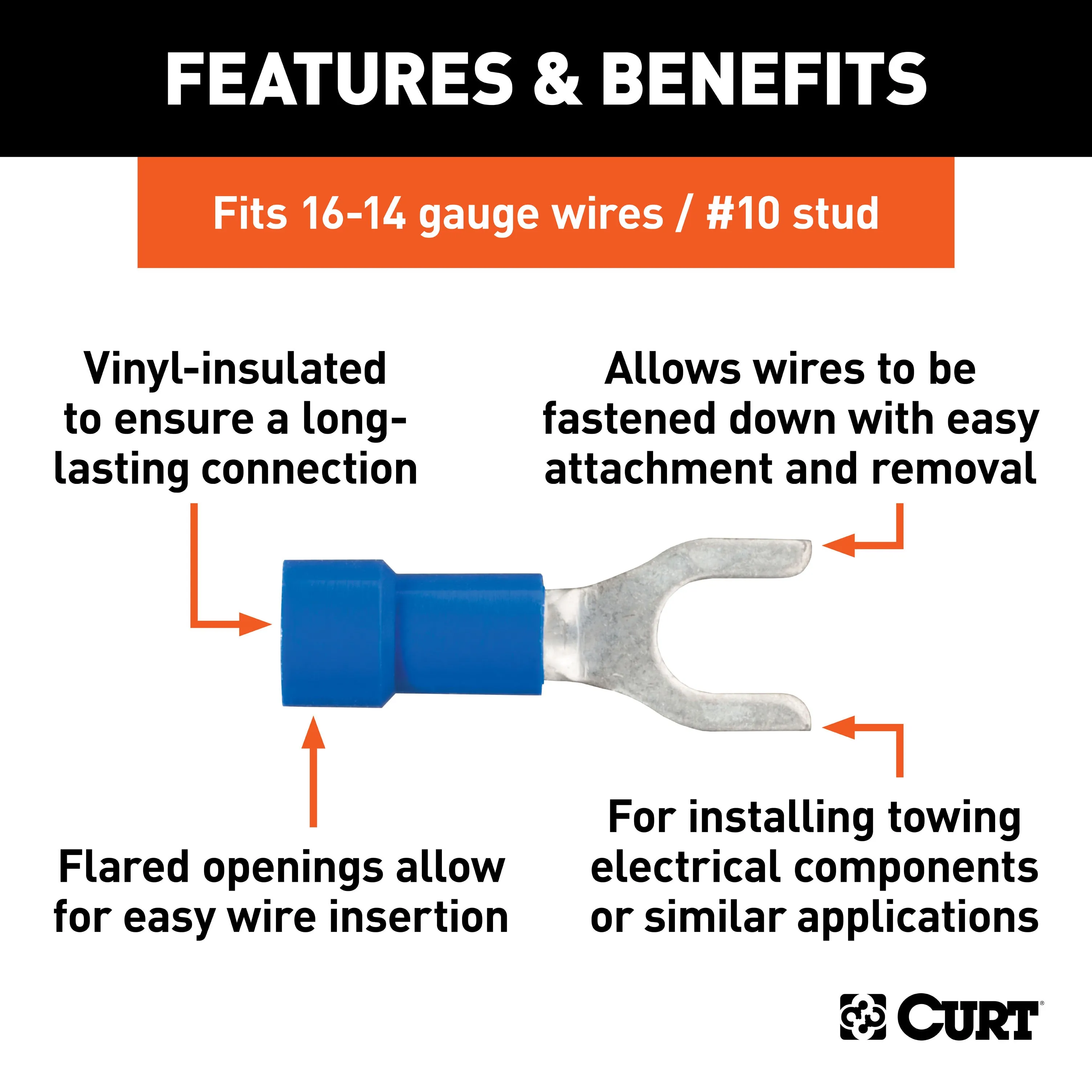 CURT 59621 Spade Terminals (16-14 Wire Gauge; #10 Stud Size; 100-Pack)