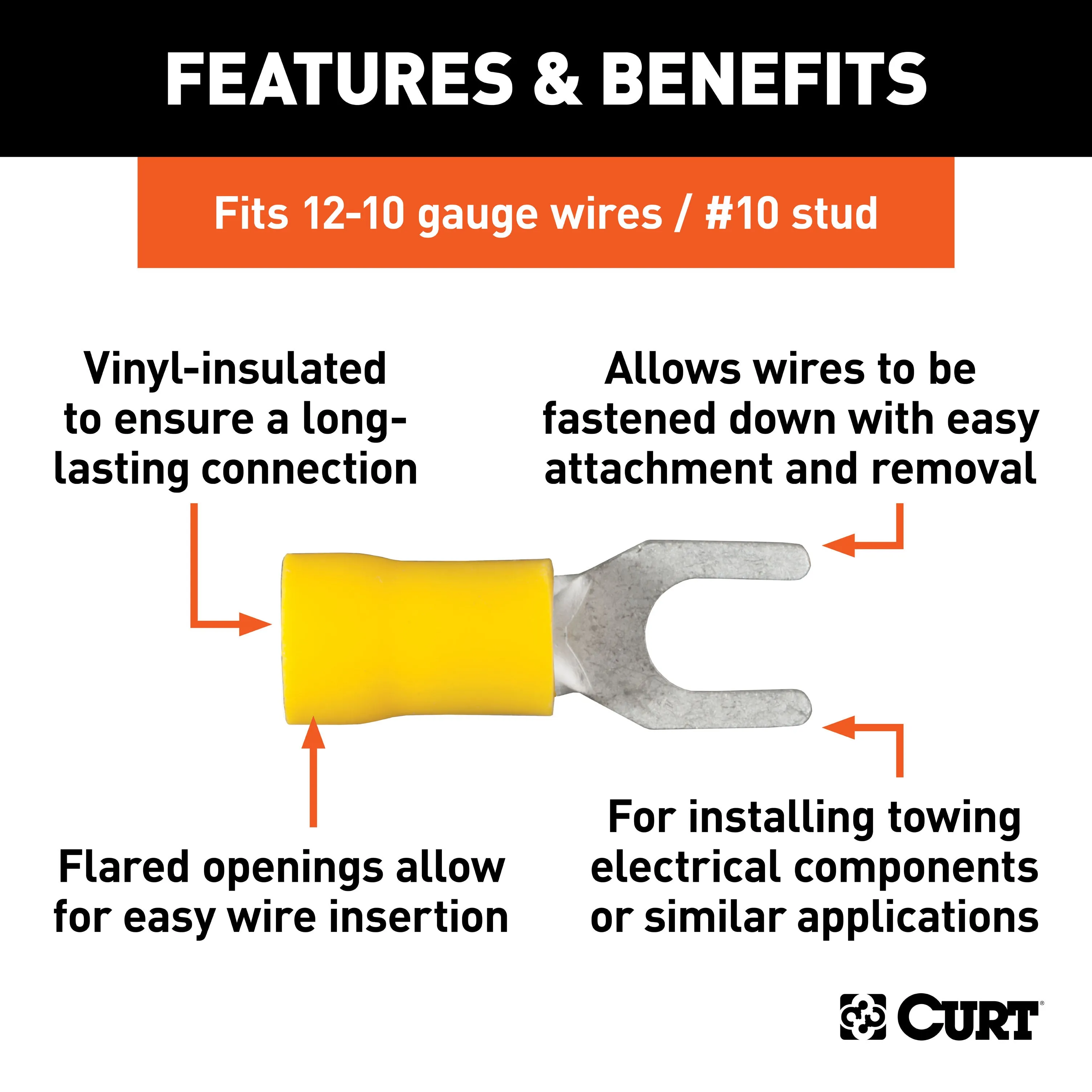 CURT 59631 Spade Terminals (12-10 Wire Gauge; #10 Stud Size; 100-Pack)