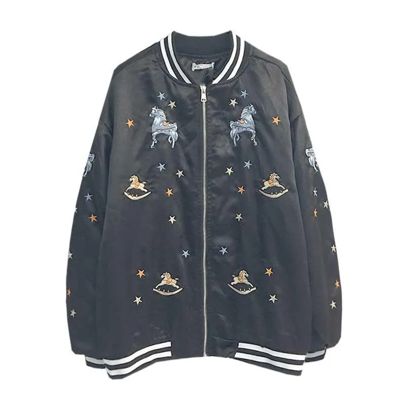 Cute Embroideries Black Beige Silky Bomber Jacket