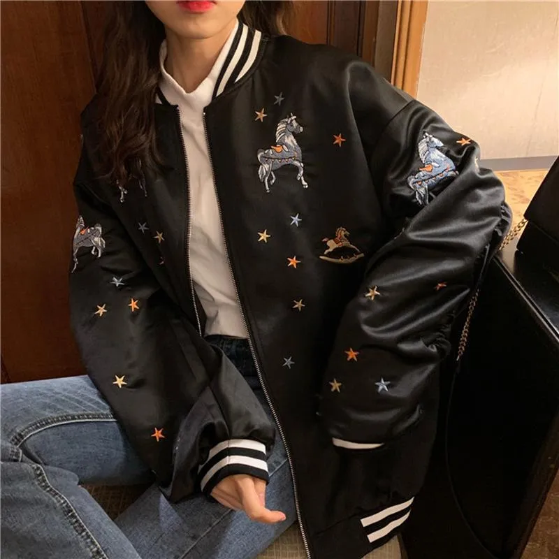 Cute Embroideries Black Beige Silky Bomber Jacket