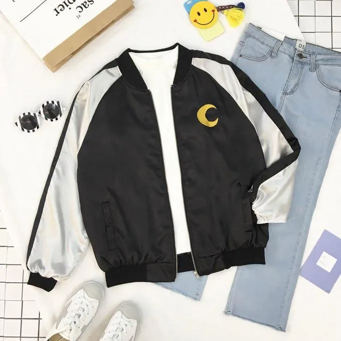 Cutie Girl Moon Embroidery Bomber Jacket