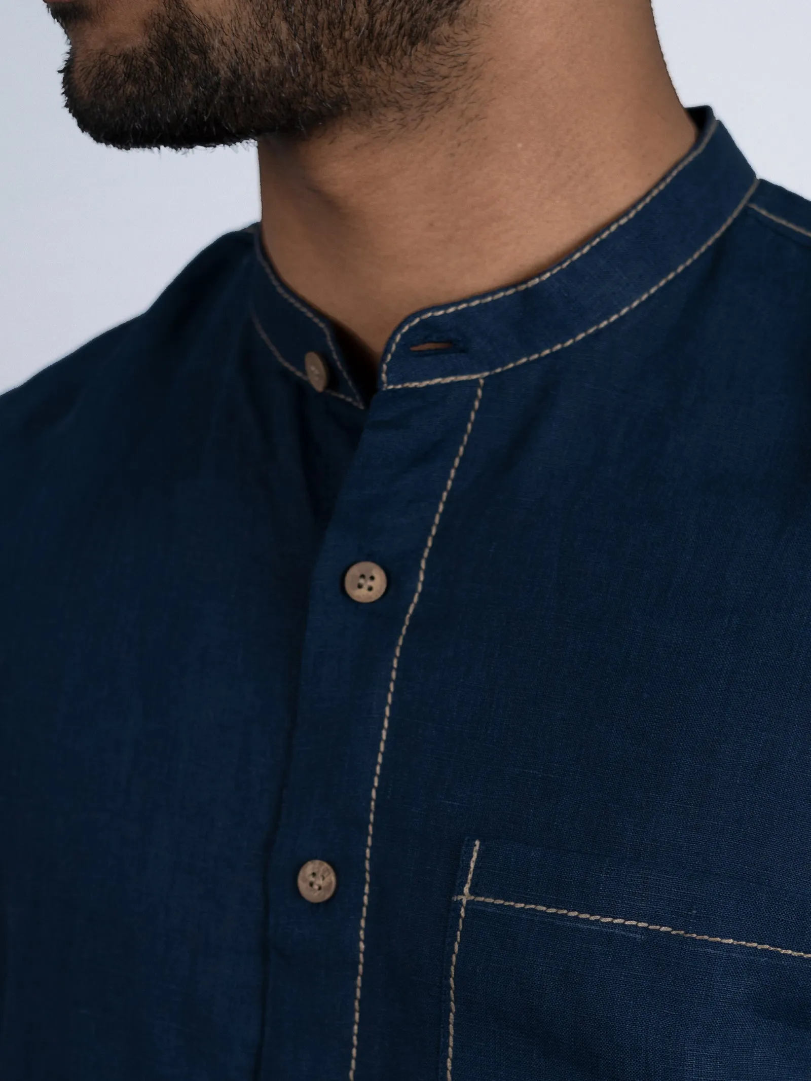 Desmond - Pure Linen Stitch Detailed Half Sleeve Shirt - Blue (Factory Rescue)