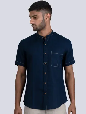 Desmond - Pure Linen Stitch Detailed Half Sleeve Shirt - Blue (Factory Rescue)