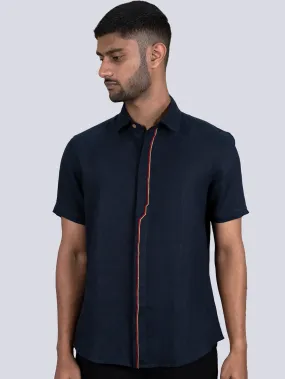 Dexter - Pure Linen Placket Embroidered Half Sleeve Shirt - Dark Blue