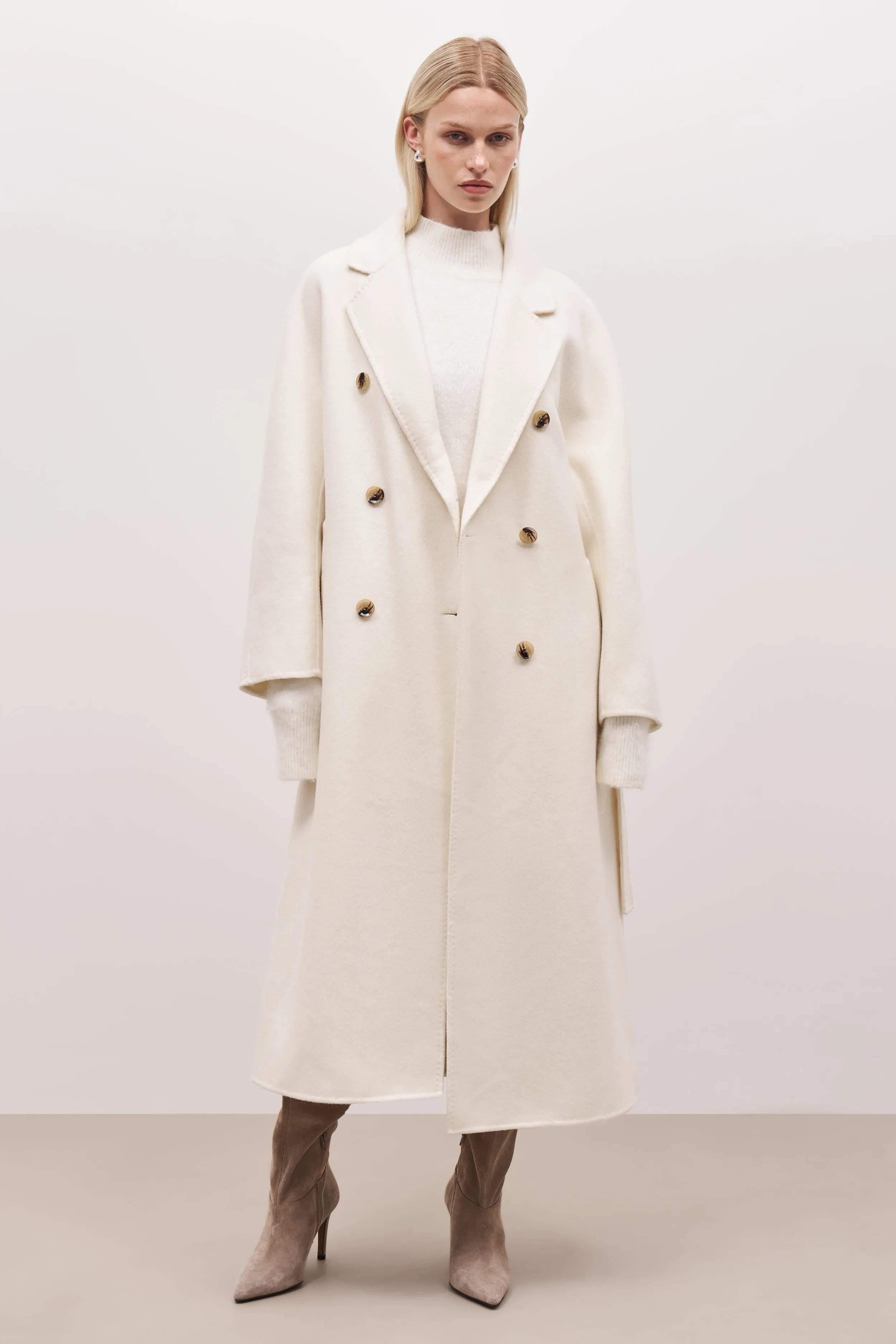 Double Faced Wool Coat With Belt - Cream