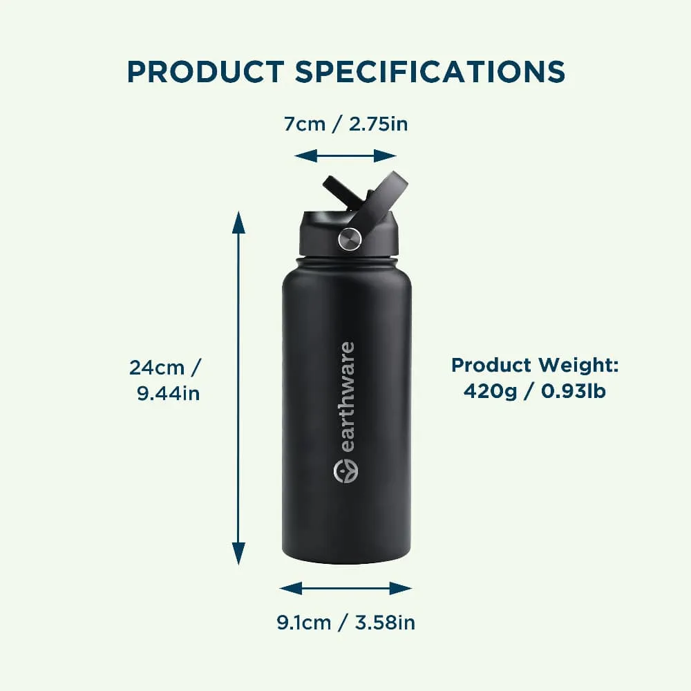 Earthware Earth Bottle Premium Insulated Water Bottle with 2 x Caps (1L)