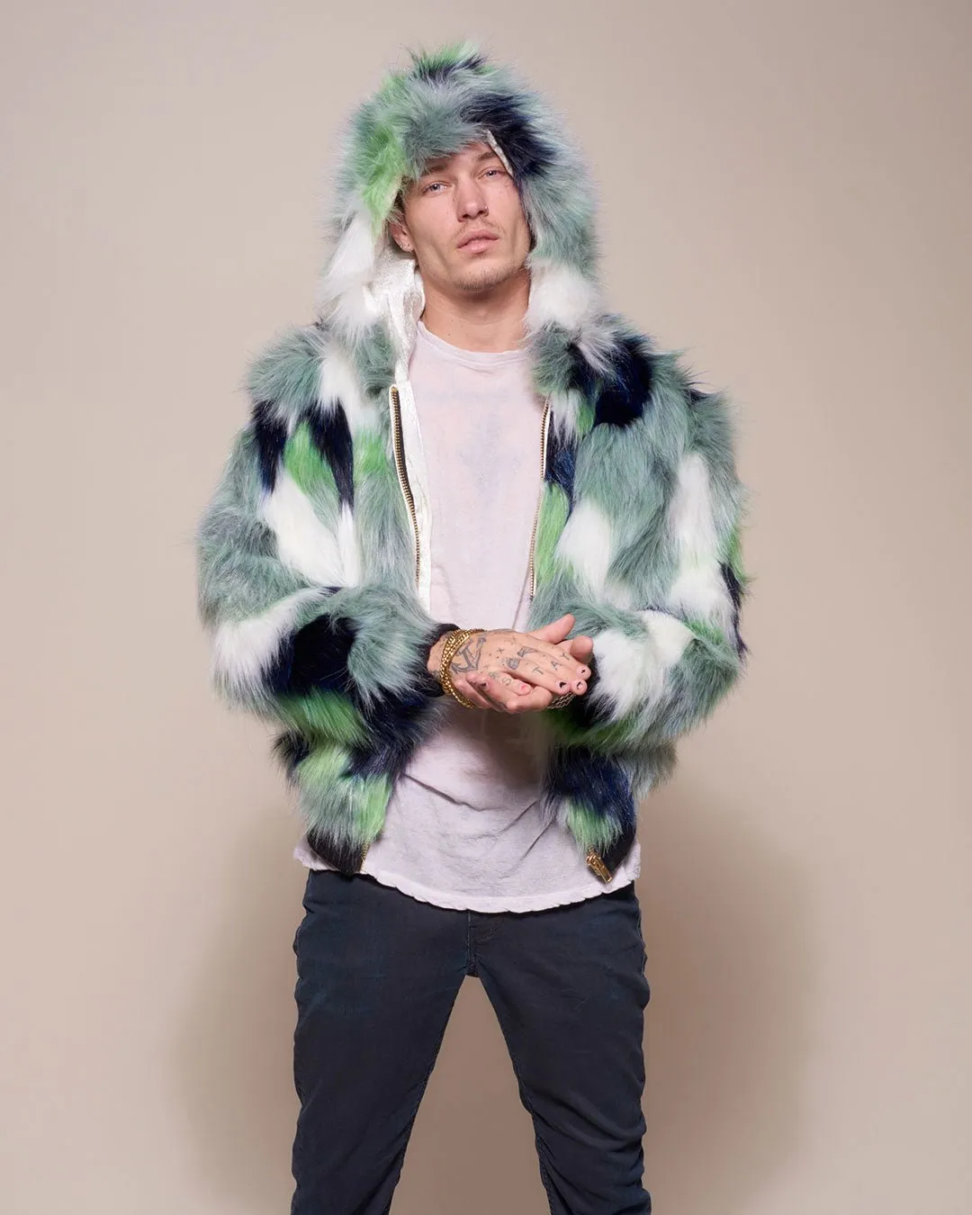 Emerald Hummingbird Hooded Faux Fur Bomber Jacket | Men's