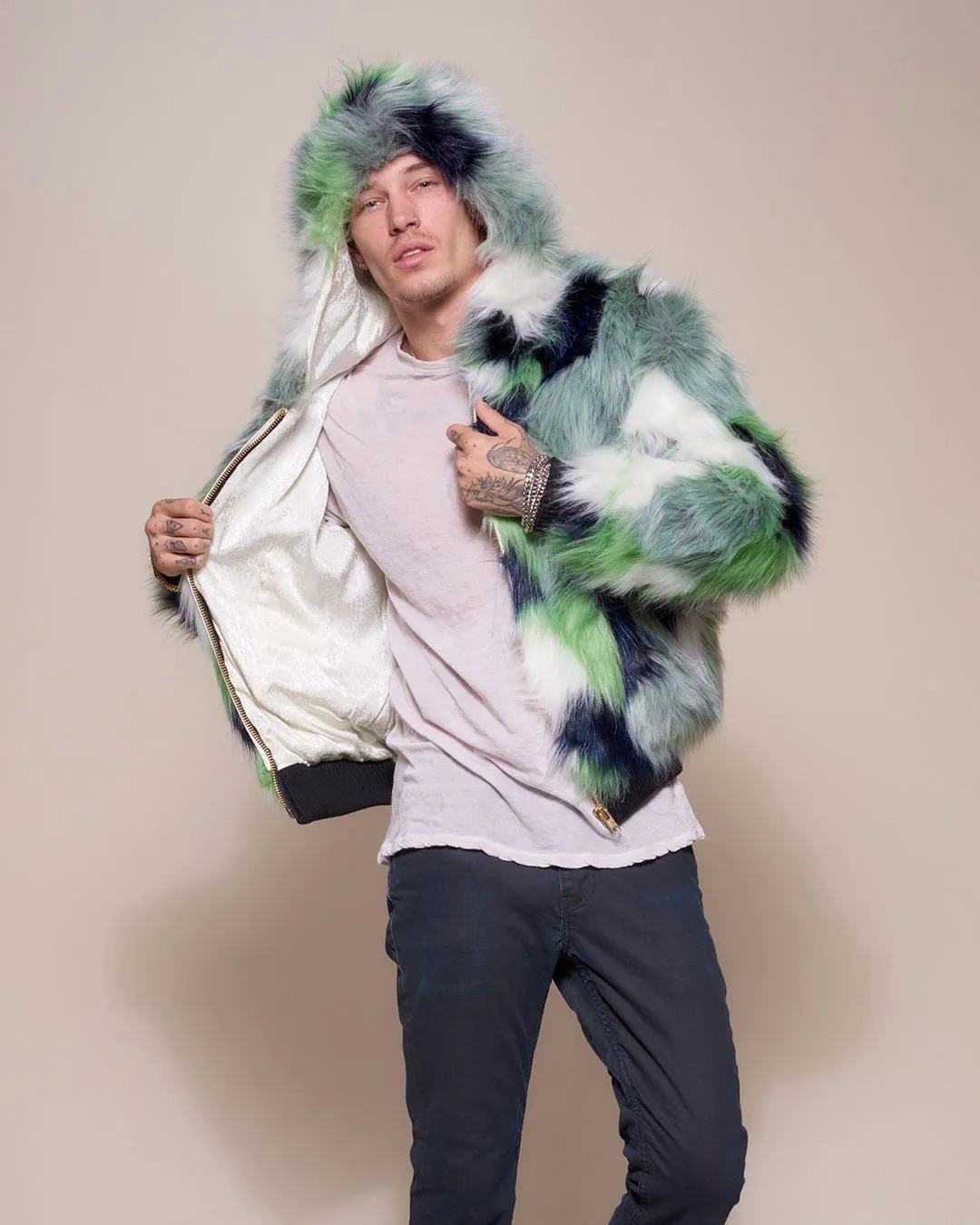 Emerald Hummingbird Hooded Faux Fur Bomber Jacket | Men's