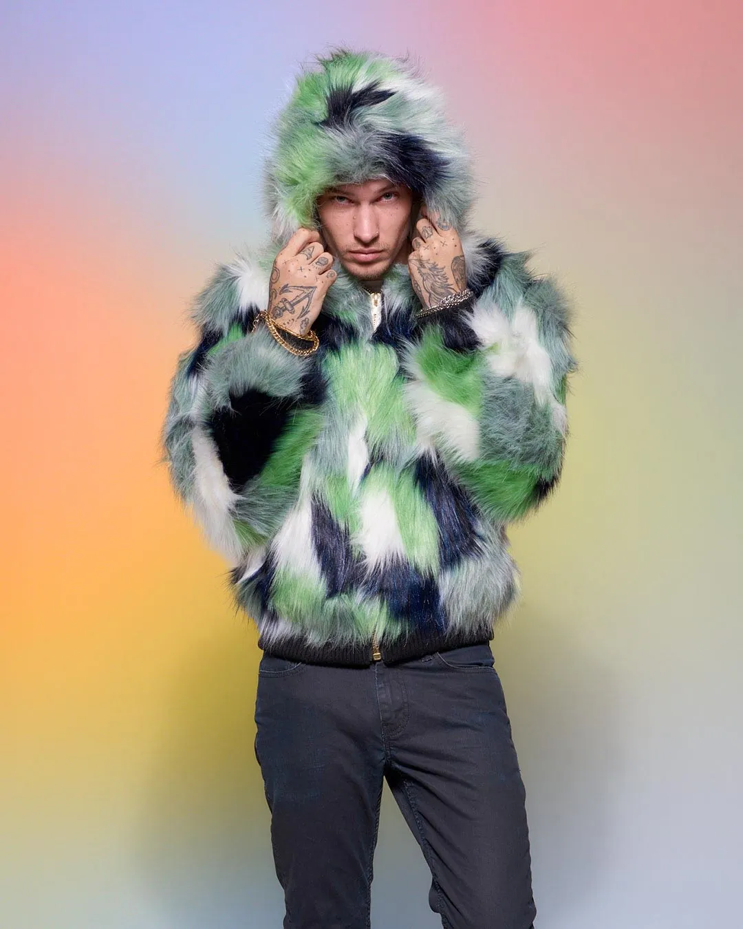 Emerald Hummingbird Hooded Faux Fur Bomber Jacket | Men's