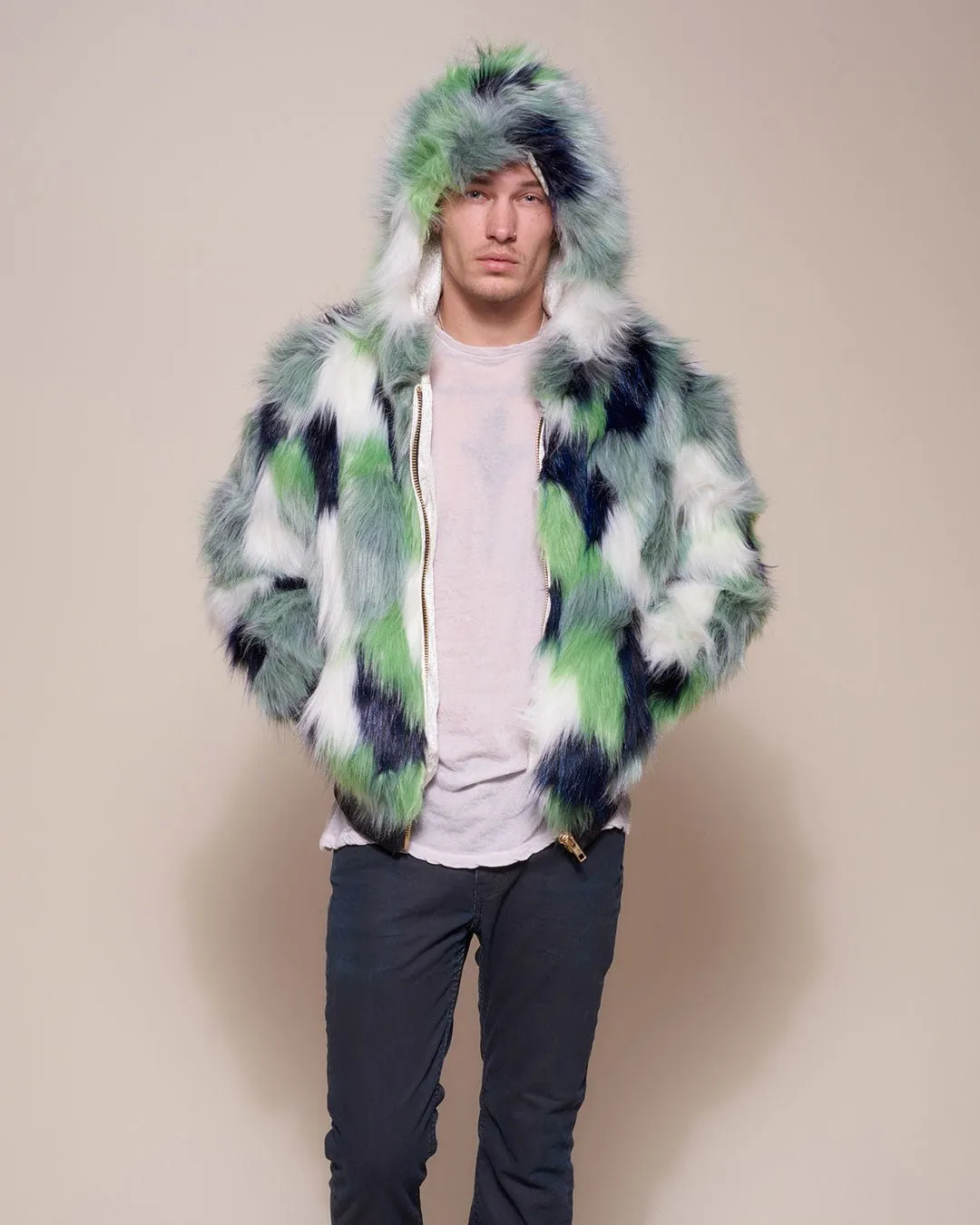 Emerald Hummingbird Hooded Faux Fur Bomber Jacket | Men's