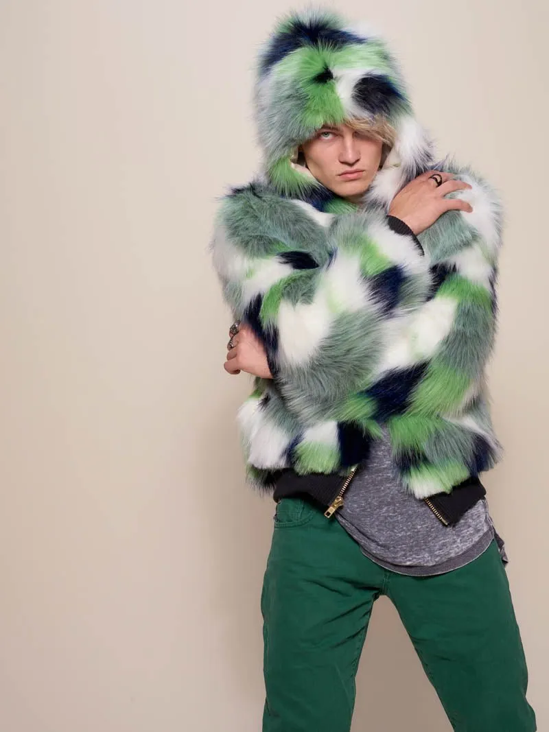 Emerald Hummingbird Hooded Faux Fur Bomber Jacket | Men's