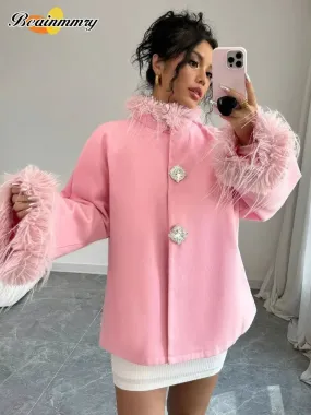 Fashionkova Christmas Gift Outfit  2025 Spring Feather Splice Button Fluffy Collar Coat Elegant Lady Long Sleeve Jacket Cardigan Chic Girls Casual Street Outerwear