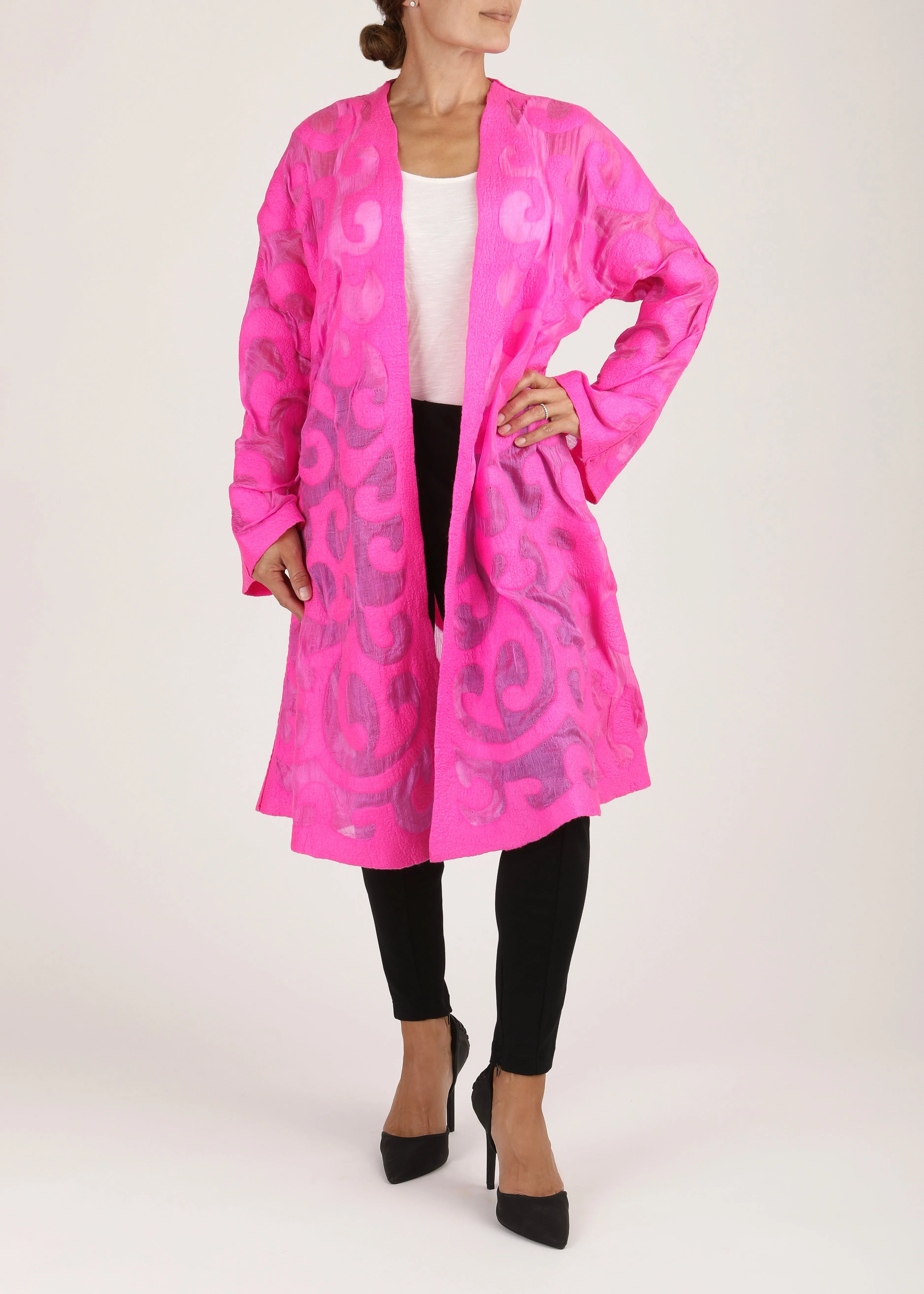 Felted Wool Swing Coat - Long Sleeve - Bright Pink