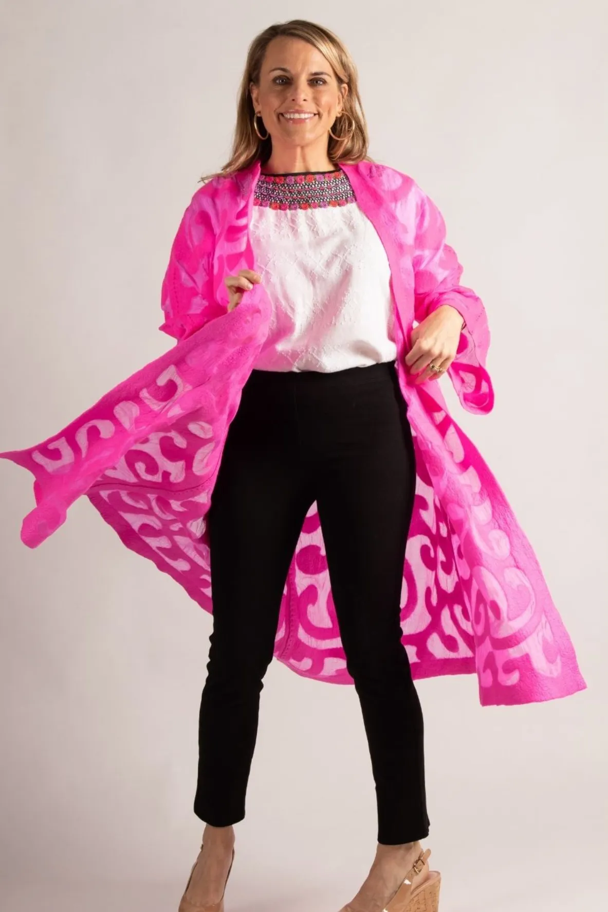 Felted Wool Swing Coat - Long Sleeve - Bright Pink