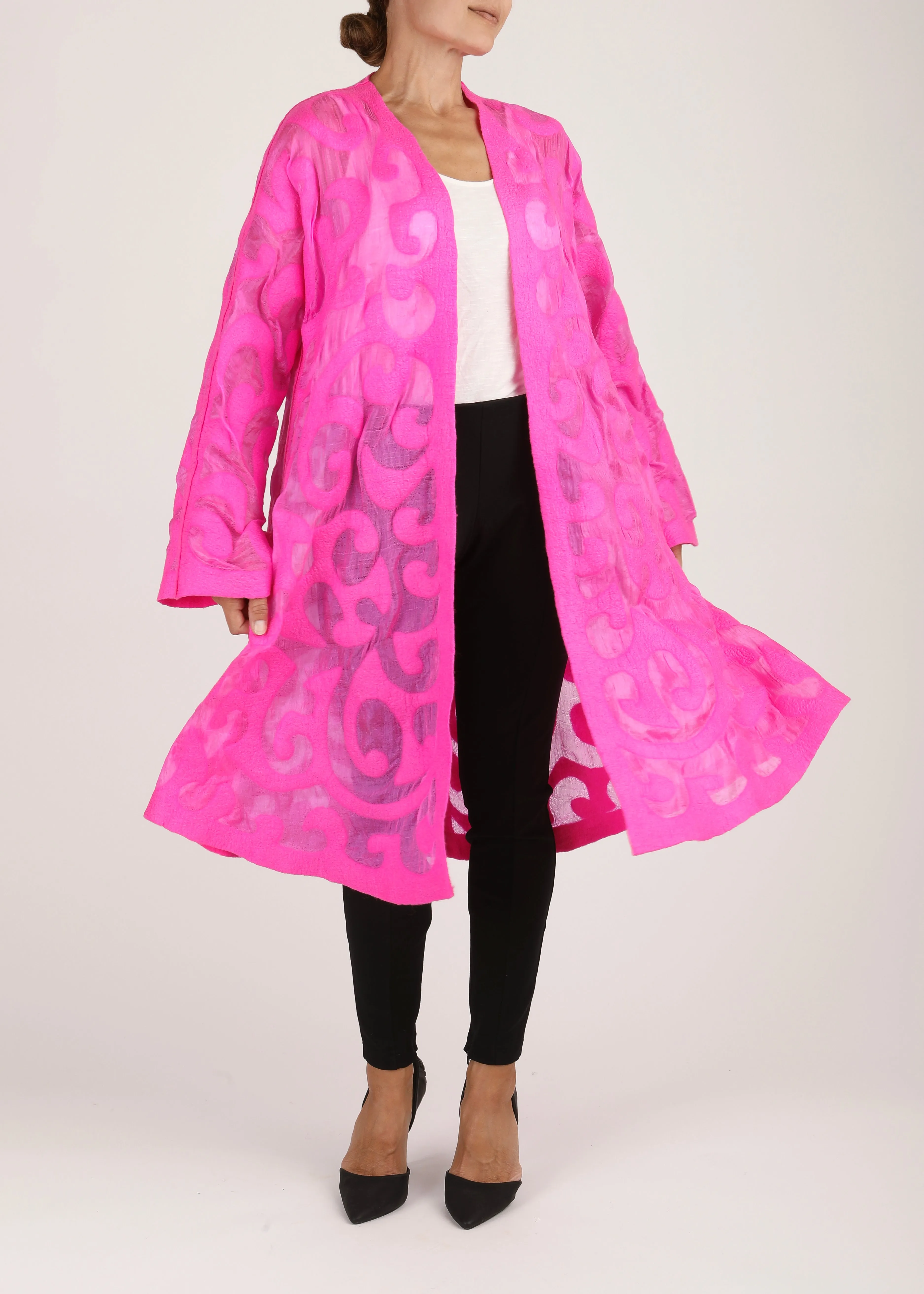 Felted Wool Swing Coat - Long Sleeve - Bright Pink