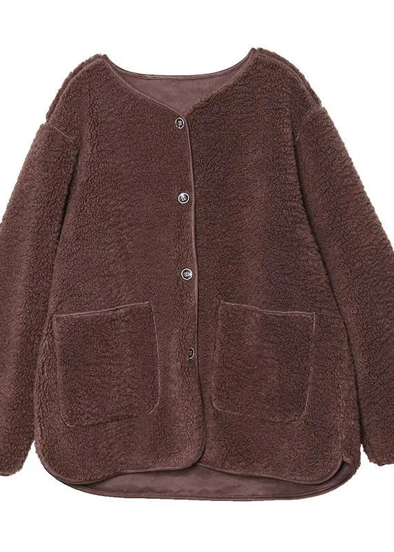 fine coat jacket chocolate o neck Button Wool jackets