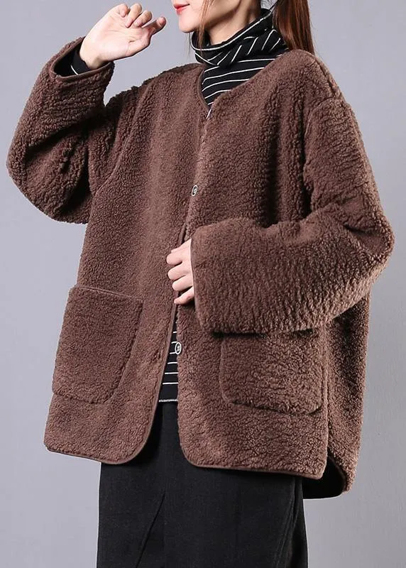 fine coat jacket chocolate o neck Button Wool jackets