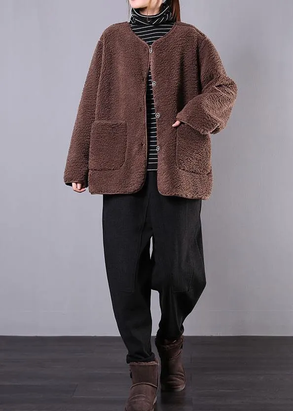 fine coat jacket chocolate o neck Button Wool jackets