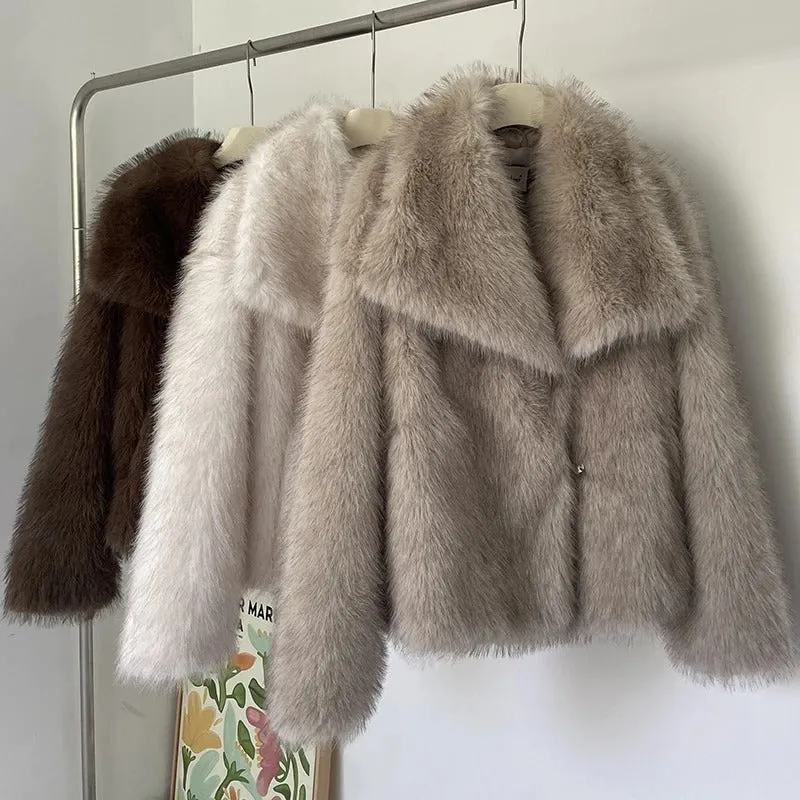 Fluffy Faux Fur Turn Down Collar Winter Jackets for Women