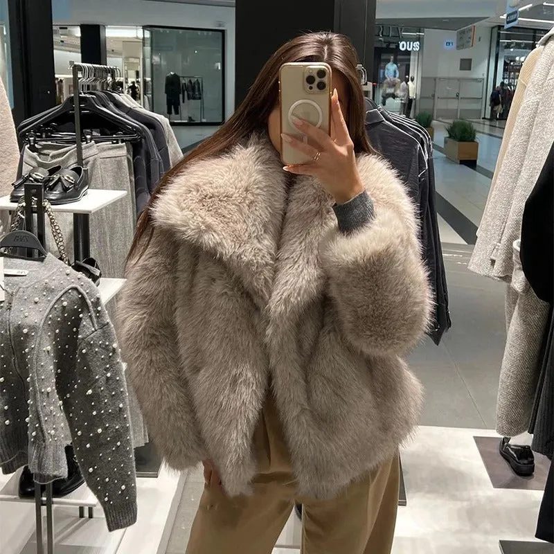 Fluffy Faux Fur Turn Down Collar Winter Jackets for Women