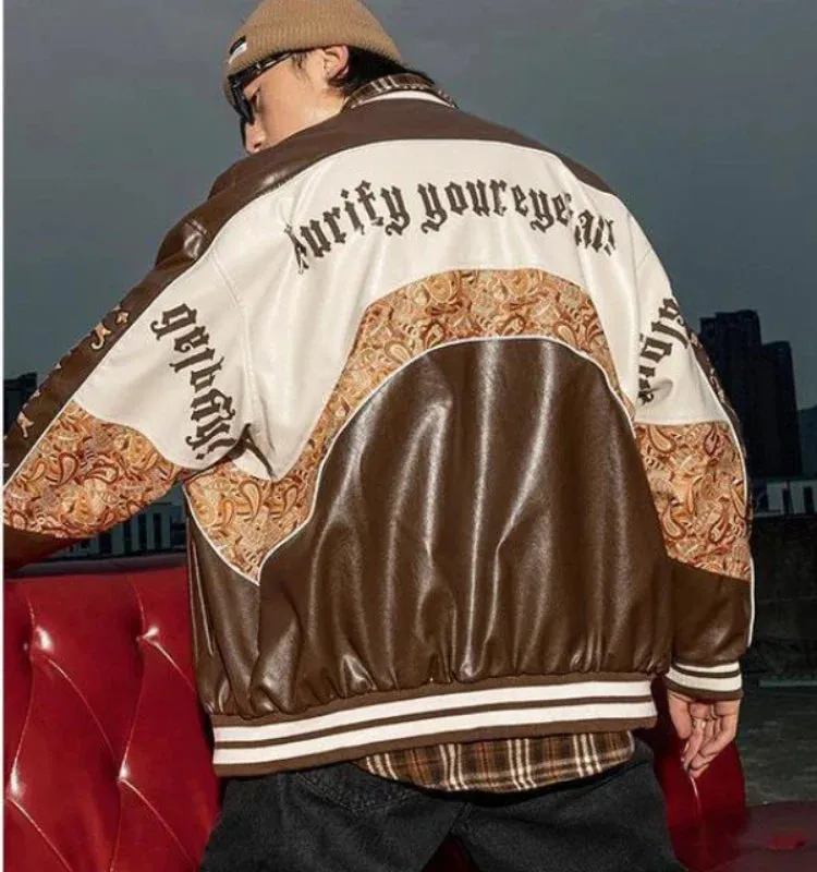 Flytonn-American stitching letter printing leather baseball uniform men's jacket for fall/winter 2021 new couple loose bomber jacket men